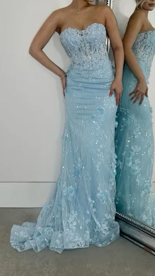 Funkelndes blaues Meerjungfrau-Abendkleid mit Tüll-Applikationen, formelles Ballkleid Y7871