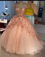 Vestido de fiesta con apliques de flores rosa ruborizado, vestidos de fiesta de tul de corte A, vestidos de quinceañera Y388