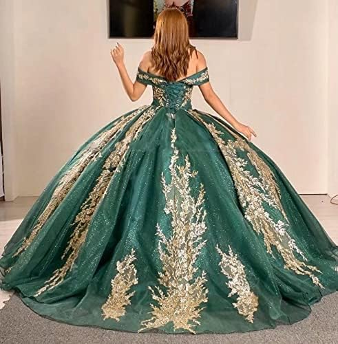 Vestidos de quinceañera verde oscuro con apliques dorados de lentejuelas y cola larga Y962