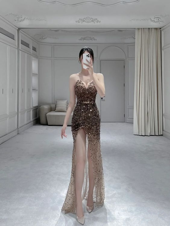 Vestido de noche largo con escote corazón y abertura, estilo glamuroso, Y6706