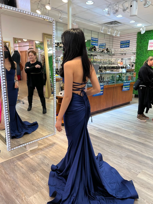 Charming Navy Mermaid Prom Dress Backless Evening Gown Y4449