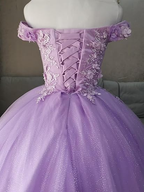 Vestido de fiesta azul con hombros descubiertos, vestido de fiesta brillante con flores S26908