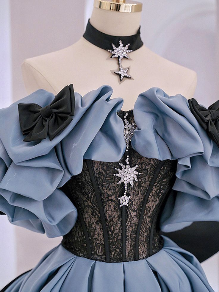 Blaues langes Ballkleid aus Satin und Spitze, schulterfrei, Abendkleid Y5621