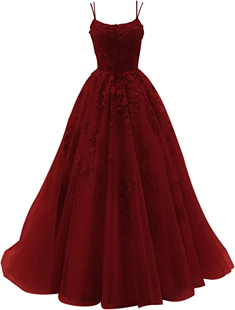 Spaghettiträger-Abschlussballkleid mit Spitzenapplikationen, Hochzeitstüll, langes Kleid, Prinzessin, formelle Abendkleider Y1202