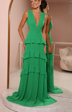 Smaragdgrünes Abendkleid mit tiefem V-Ausschnitt und Rüschen, rückenfrei, langes Ballkleid Y8386