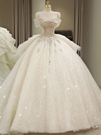 Schulterfreie Brautkleider, großes Schleppkleid mit Prinzessinnenschwanz, rückenfreies weißes Brautkleid Y6868