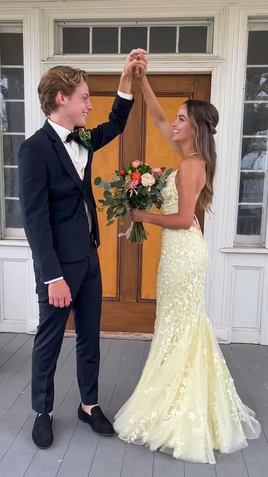 Meerjungfrau Gelbes Spitzen-Tüll-Ballkleid, Gelbes Abendkleid Y2248