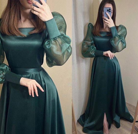 Vestido de noche modesto de satén verde oscuro con mangas largas abullonadas y escote cuadrado de organza, vestido formal para fiesta de graduación Y4872