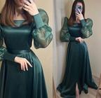 Vestido de noche modesto de satén verde oscuro con mangas largas abullonadas y escote cuadrado de organza, vestido formal para fiesta de graduación Y4872