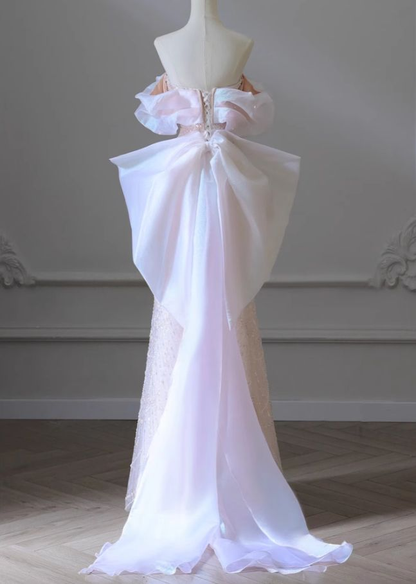 Rosa A-Linie Off-Shoulder Tüll Pailletten Perlen Langes Ballkleid Formales Abendkleid Y8050