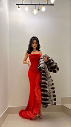 Vestido de fiesta rojo con tirantes de sirena y plumas, vestido de noche largo Y7901
