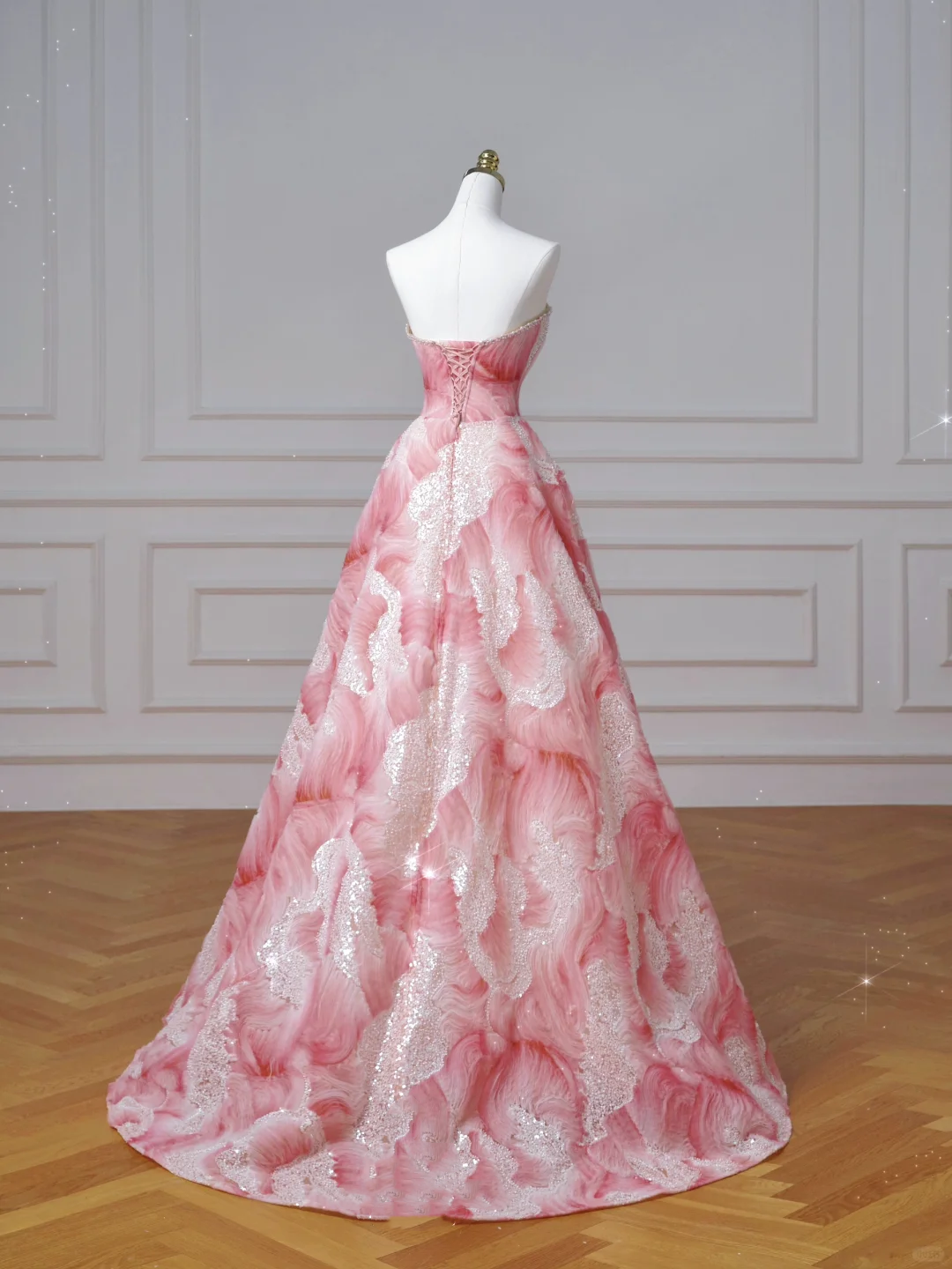 Dream Pink Strapless Satin Print Sequins Prom Dress Princess Birthday Ball Gown Y8604