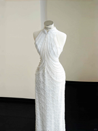 Vestido de noche largo con lentejuelas blancas, perlas y cadena, elegante, estilo vaina, para fiesta y noche, Y8670