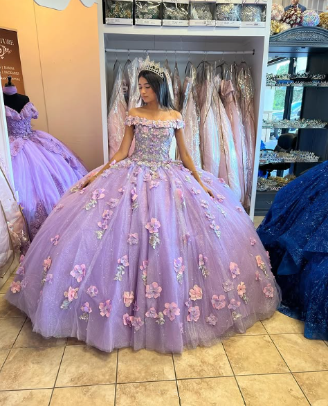 Vestido de princesa con apliques de lavanda, hombros descubiertos, brillante, elegante, de tul, con flores 3D, para fiesta de quince años, Y285