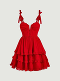 Vestido de fiesta rojo de corte A con lazo en los hombros y bajo con volantes Y2720