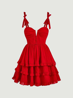 Vestido de fiesta rojo de corte A con lazo en los hombros y bajo con volantes Y2720