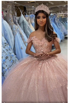 Hermoso vestido de quinceañera rosa ruborizado con hombros descubiertos y brillo, vestido de baile rosa ruborizado Y391