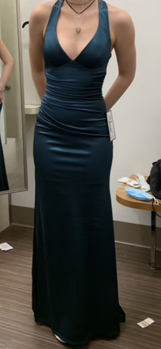 Vestido largo formal de satén para mujer, color verde azulado, con espalda de tiras y sin mangas, Y2928