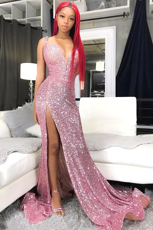 Sequins Pink Prom Dresses Cheap | Mermaid Sexy Slit Formal Evening Gowns Long Y978