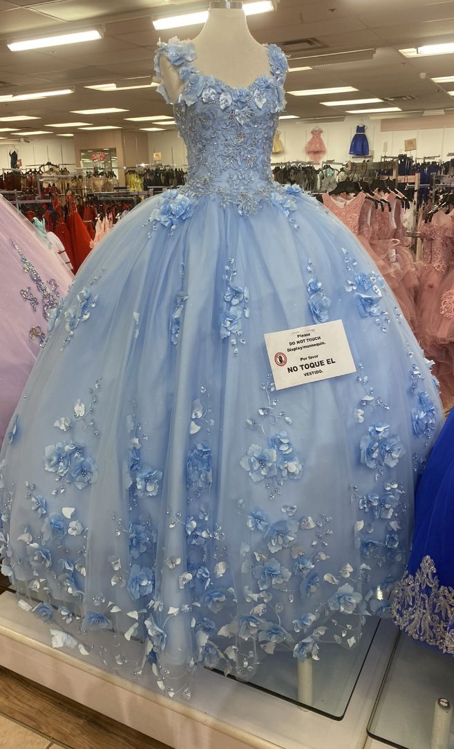 Blaues Tüll Ballkleid mit 3D-Blumen, Blaues Sweet 16 Kleid, Blaues Prinzessinnenkleid Y2340