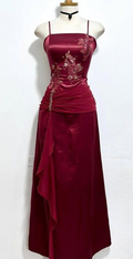 Vintage Burgundy Satin Chiffon Beaded Prom Dress Evening Dress Y8448