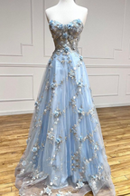 Vestido de fiesta largo con apliques de tul azul, corte A, sin tirantes, Y6565