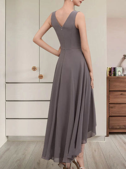 A-Linien-Kleid mit V-Ausschnitt, asymmetrischem Chiffon für die Brautmutter mit Perlen und Pailletten