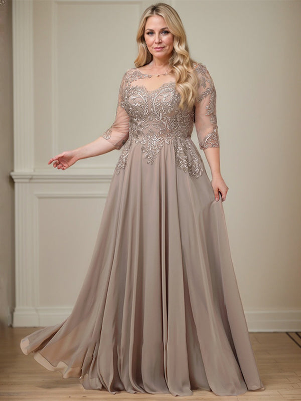 Vestido de gasa con encaje y lentejuelas para madre de la novia, corte A, escote ilusión, largo hasta el suelo