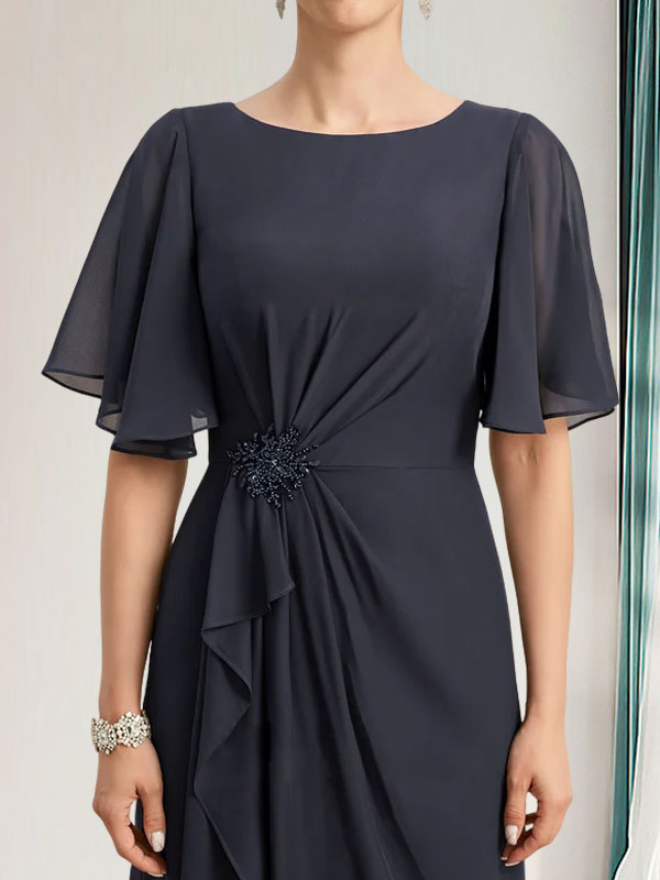 Vestido de gasa para madre de la novia, corte A, escote redondo, largo hasta el suelo, con volantes en cascada, cuentas y lentejuelas