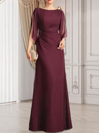 Vestido de gasa para madre de la novia con corte tubo/columna, escote redondo y largo hasta el suelo, con cuentas plisadas