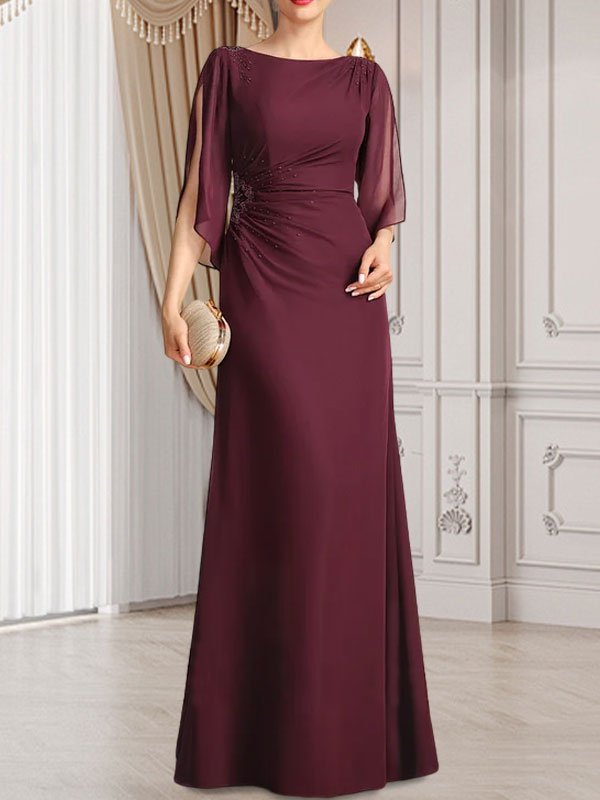 Vestido de gasa para madre de la novia con corte tubo/columna, escote redondo y largo hasta el suelo, con cuentas plisadas