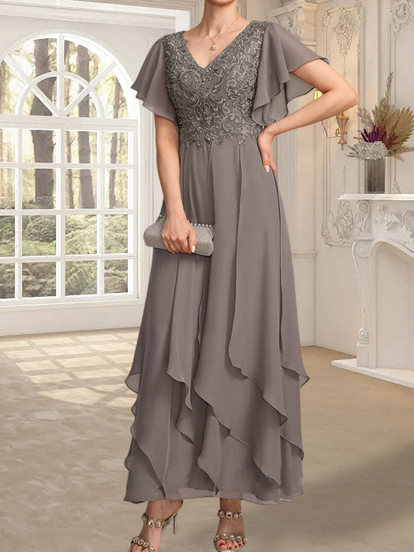 Vestido de gasa con encaje y escote en V hasta los tobillos para madre de la novia con volantes en cascada
