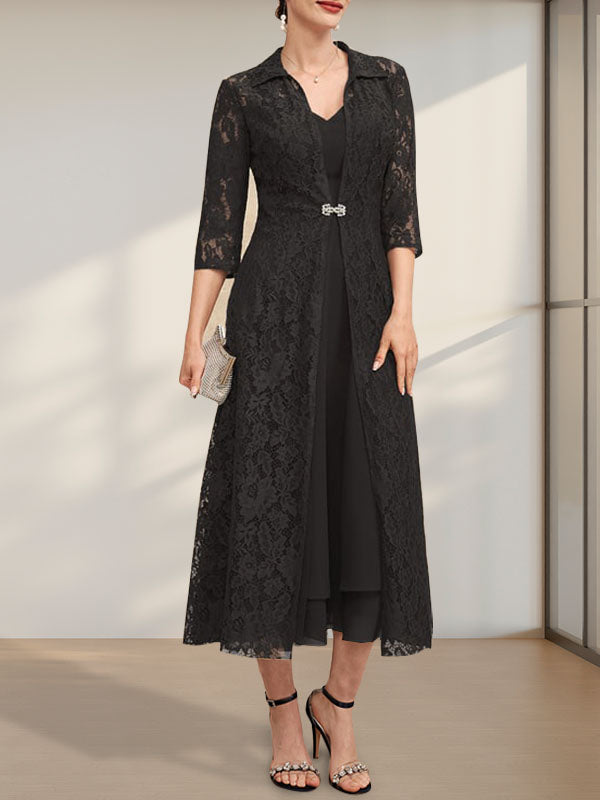 A-Linie V-Ausschnitt Wadenlanges Chiffonkleid für die Brautmutter