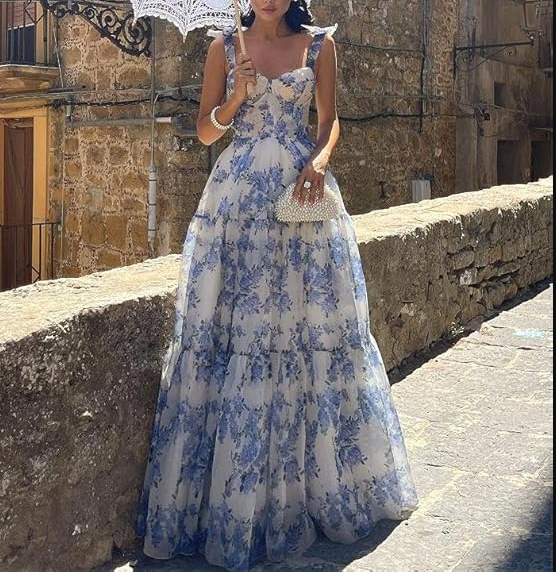 Vestido de fiesta largo con estampado floral azul de corte A, vestido de noche azul Y2560