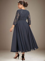 Vestido de gasa con encaje y lentejuelas para madre de la novia, corte A, escote redondo y largo hasta la rodilla