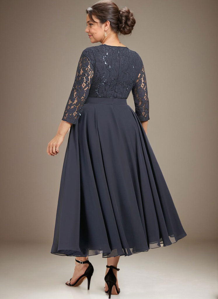 Vestido de gasa con encaje y lentejuelas para madre de la novia, corte A, escote redondo y largo hasta la rodilla