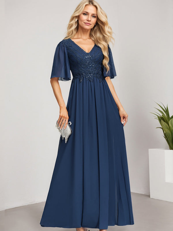 Vestido de madre de la novia de gasa con encaje, escote en V y lentejuelas, largo hasta el suelo