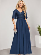 Vestido de madre de la novia de gasa con encaje, escote en V y lentejuelas, largo hasta el suelo