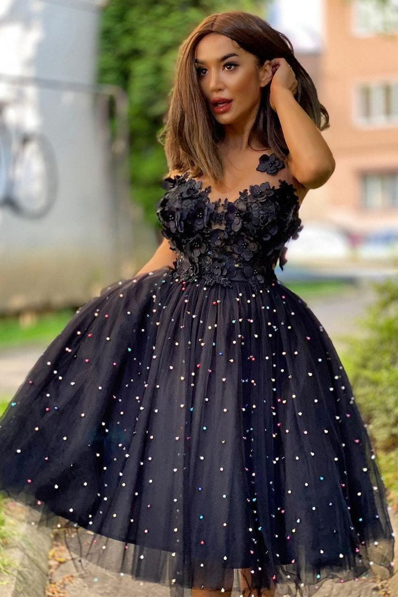 Yolanda | A-Linien-Heimkehrkleid aus Tüll mit Perlen und Blumen