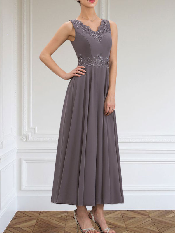 Vestido de gasa para madre de la novia, corte A, escote en V, largo hasta los tobillos, con apliques de lentejuelas, encaje y cuentas