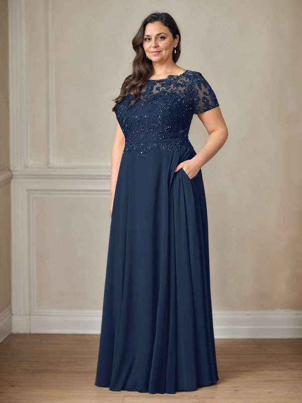 Vestido de gasa azul marino oscuro con escote barco, lentejuelas y corte en A