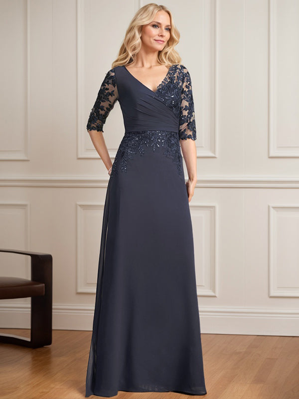 A-Linien-Kleid mit V-Ausschnitt, bodenlangem Spitzenchiffon und plissierten Pailletten 