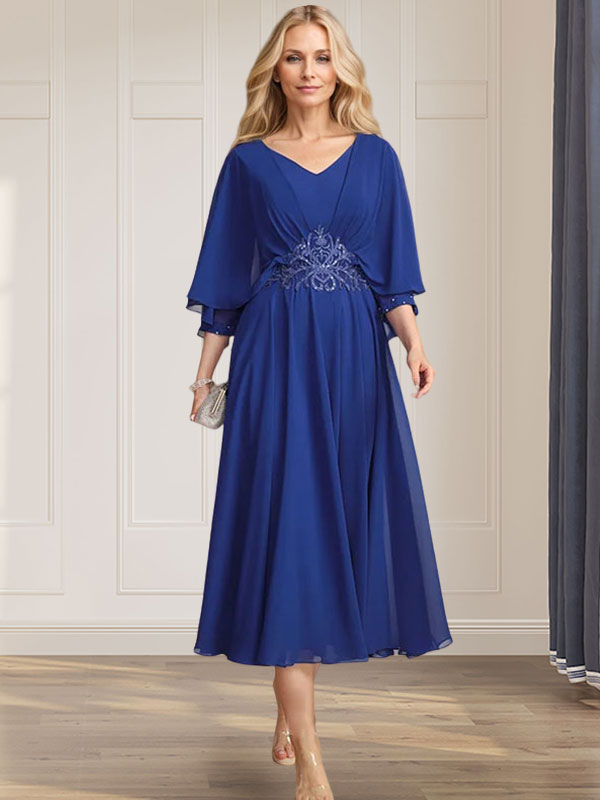A-Linie V-Ausschnitt Wadenlanges Chiffonkleid für die Brautmutter mit plissierten Paillettenapplikationen Spitzenbesatz 