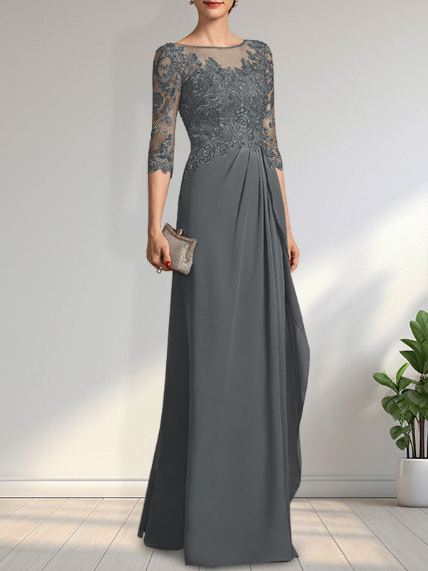 Vestido de gasa para madre de la novia con encaje, corte A, escote redondo, ilusión, largo hasta el suelo, con lentejuelas y abalorios y volantes en cascada