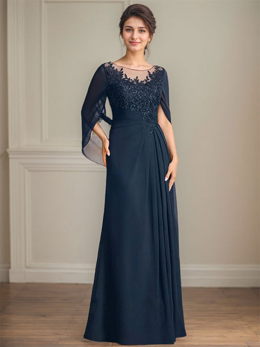 Vestidos de madre de la novia de corte A/princesa, largo hasta el suelo, con escote redondo, plisados ​​y lentejuelas