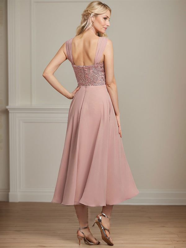 Vestido de gasa con encaje y lentejuelas para madre de la novia, corte A, largo hasta la rodilla