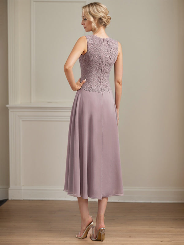 Vestido de gasa con encaje y escote redondo hasta la rodilla para madre de la novia