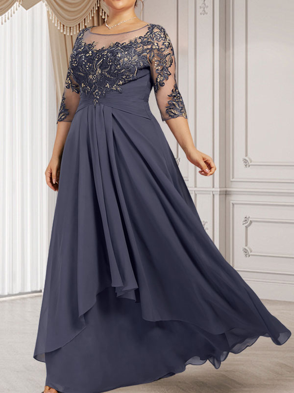 Vestido de gasa con encaje, corte A, escote ilusión, largo hasta el suelo, para madre de la novia con volantes en cascada
