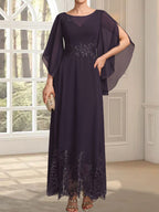 Vestido de gasa con encaje y lentejuelas para madre de la novia, corte A, escote ilusión, largo hasta los tobillos