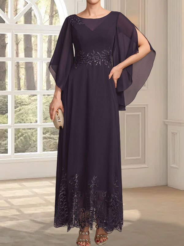 Vestido de gasa con encaje y lentejuelas para madre de la novia, corte A, escote ilusión, largo hasta los tobillos